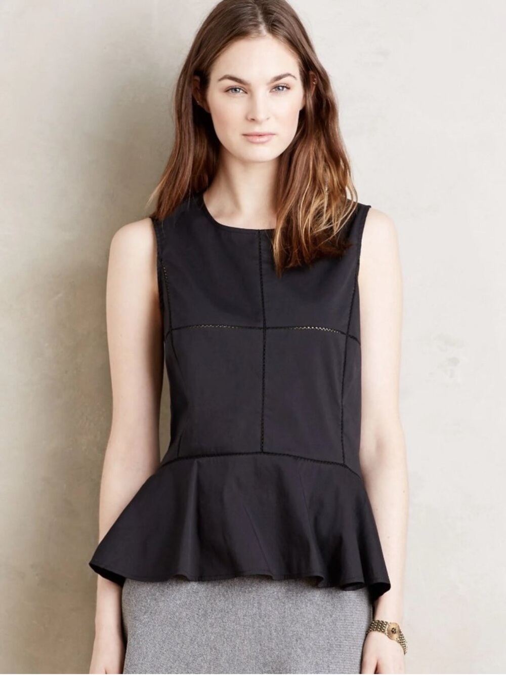 Anthropologie $118 HD in Paris Sleeveless Black Peplum Top with Ladder Lace